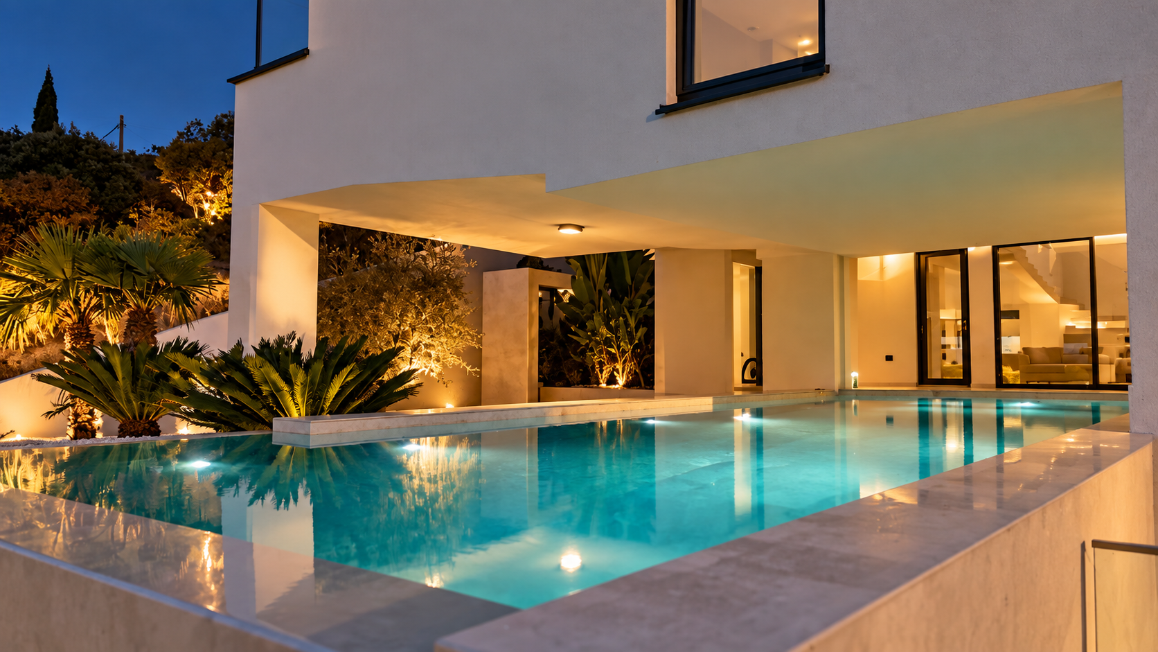 Platinum Villa pool and garden, aerial, night
