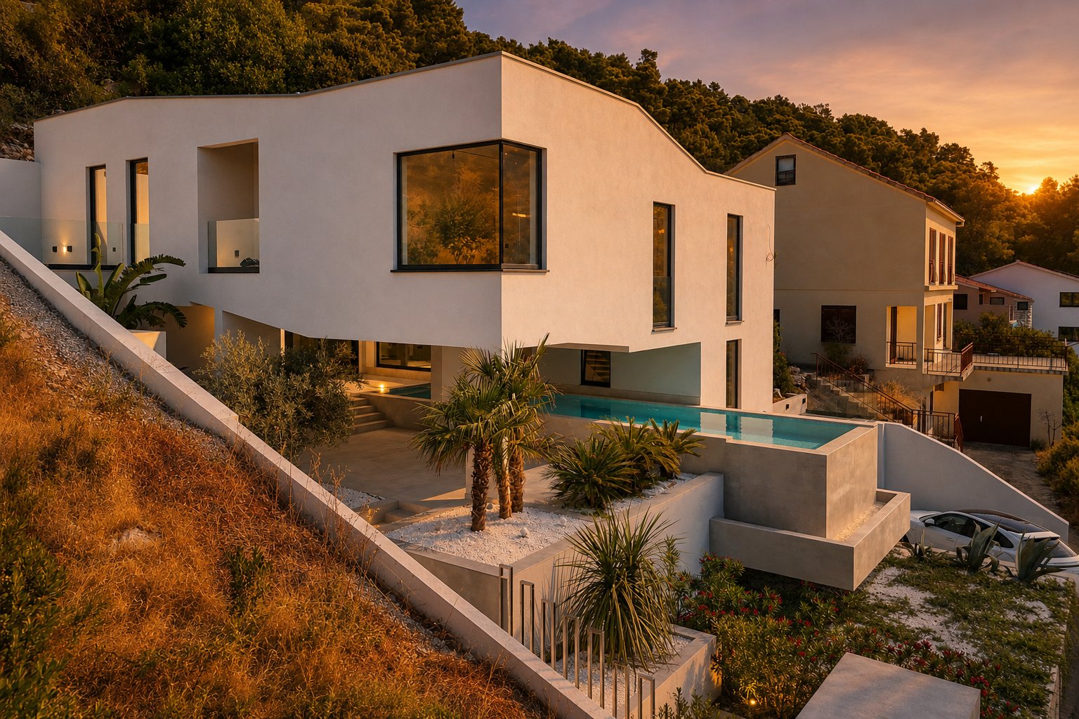 Platinum Villa facade at sunset