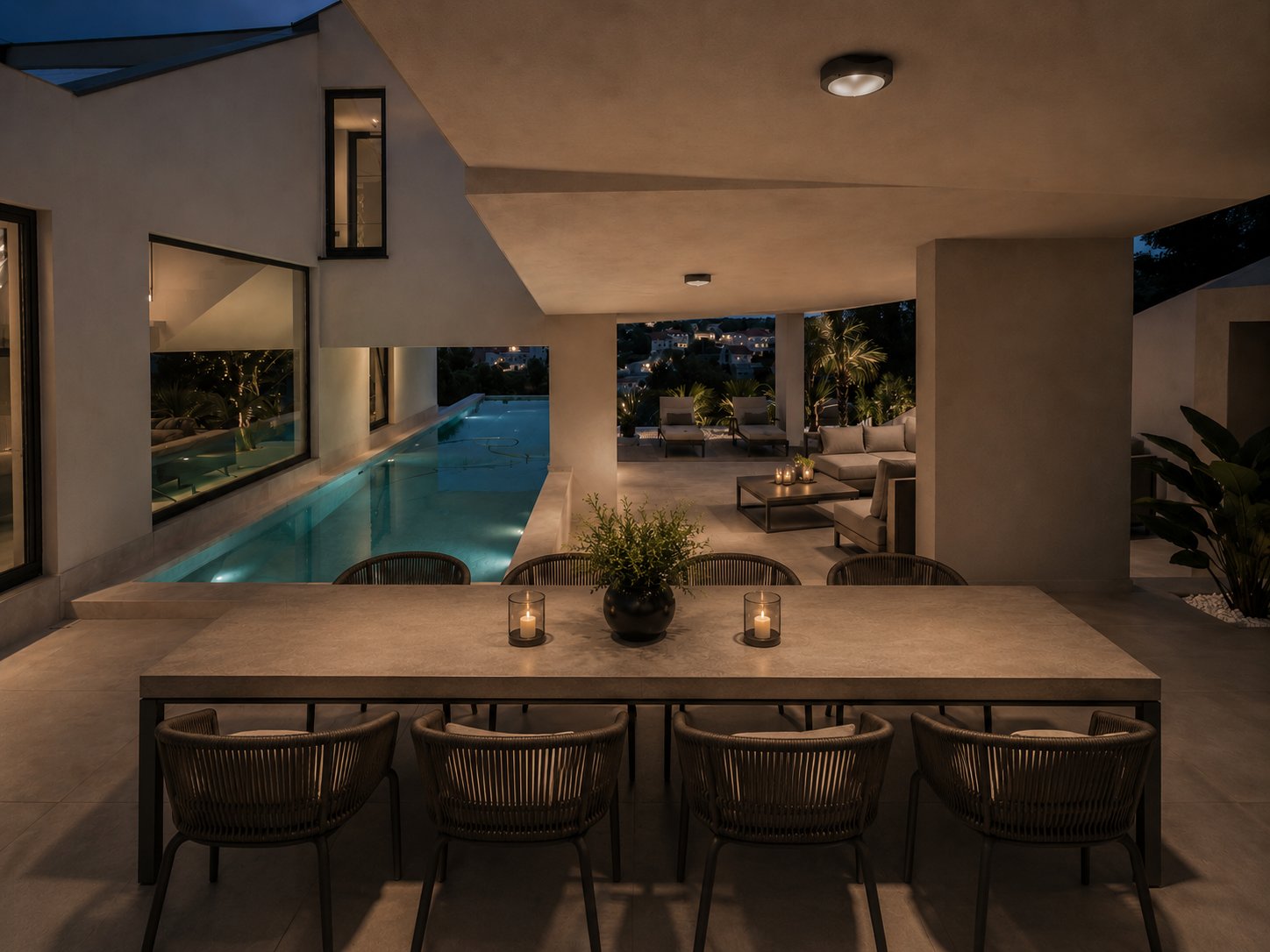Platinum Villa outdoor terrace, pool and dining at night