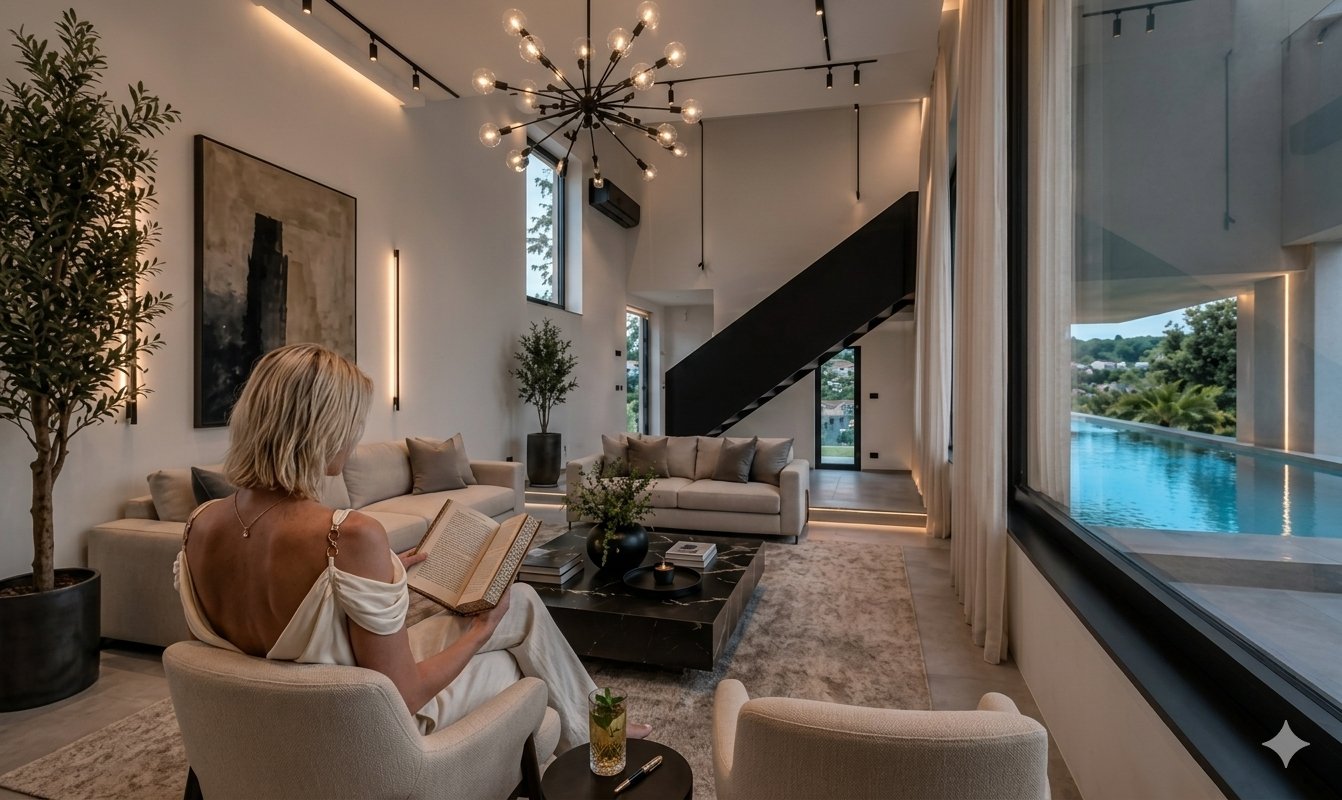 Platinum Villa open living area with 6m ceiling and pool view